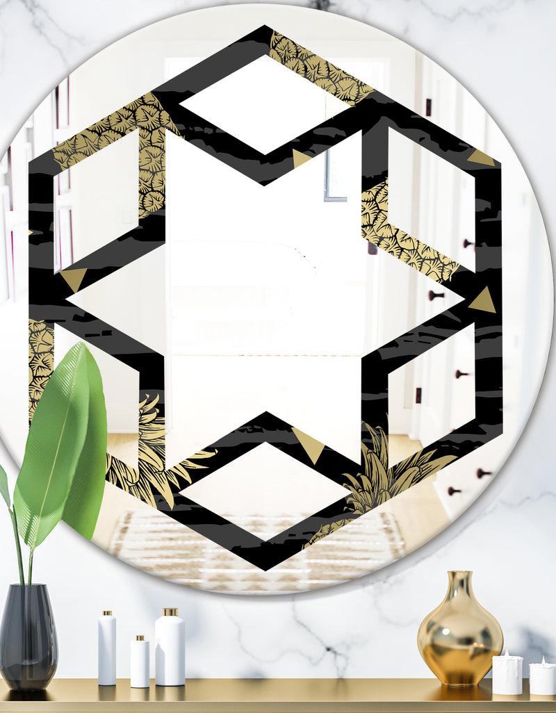 DesignQ Golden Pineapple On Black - Modern Round or Oval Wall Mirror - Hexagon Star
