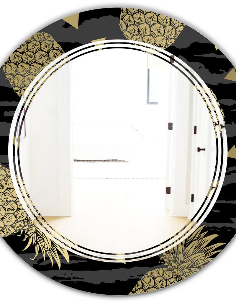 DesignQ Golden Pineapple On Black - Modern Round Or Oval Wall Mirror - Triple C