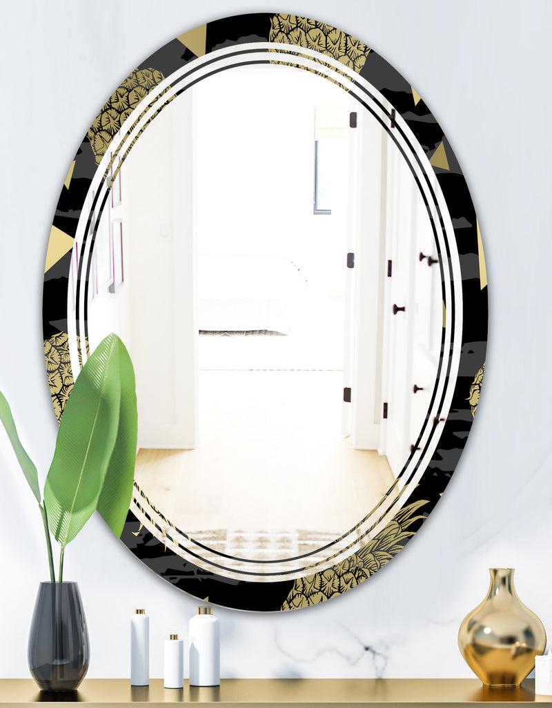 DesignQ Golden Pineapple On Black - Modern Round Or Oval Wall Mirror - Triple C
