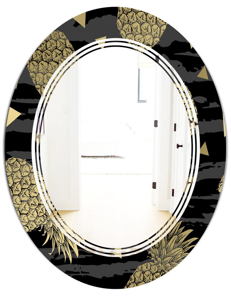 DesignQ Golden Pineapple On Black - Modern Round Or Oval Wall Mirror - Triple C