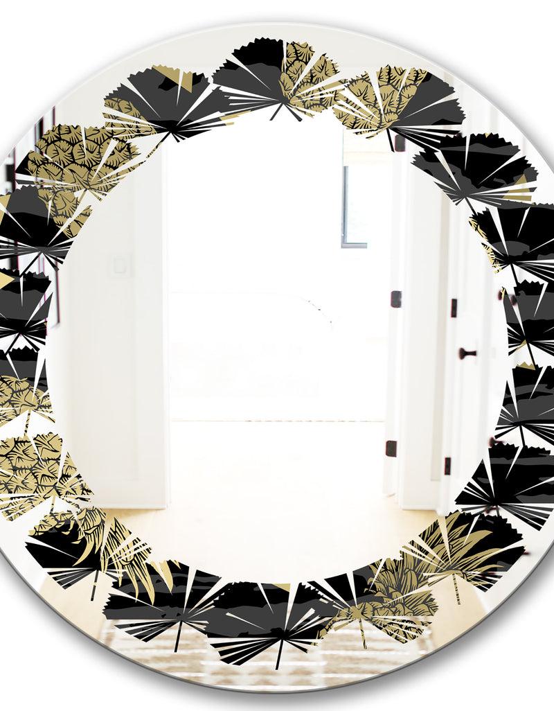 DesignQ Golden Pineapple On Black - Modern Round Or Oval Wall Mirror - Leaves