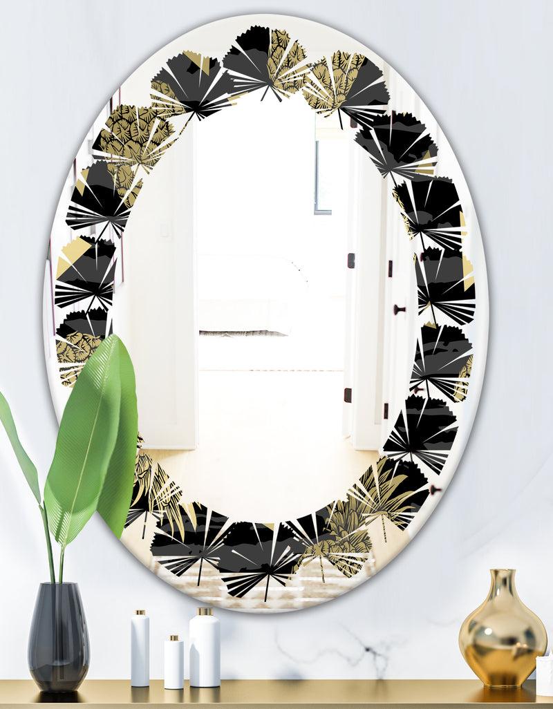 DesignQ Golden Pineapple On Black - Modern Round Or Oval Wall Mirror - Leaves