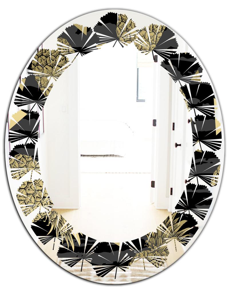 DesignQ Golden Pineapple On Black - Modern Round Or Oval Wall Mirror - Leaves