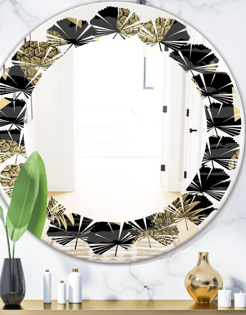 DesignQ Golden Pineapple On Black - Modern Round or Oval Wall Mirror - Leaves