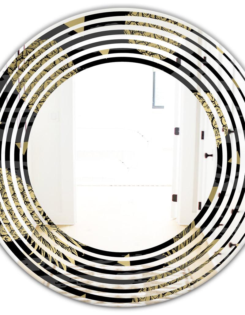 DesignQ Golden Pineapple On Black - Modern Round Or Oval Wall Mirror - Wave