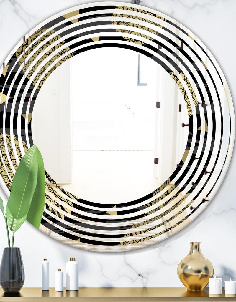 DesignQ Golden Pineapple On Black - Modern Round or Oval Wall Mirror - Wave