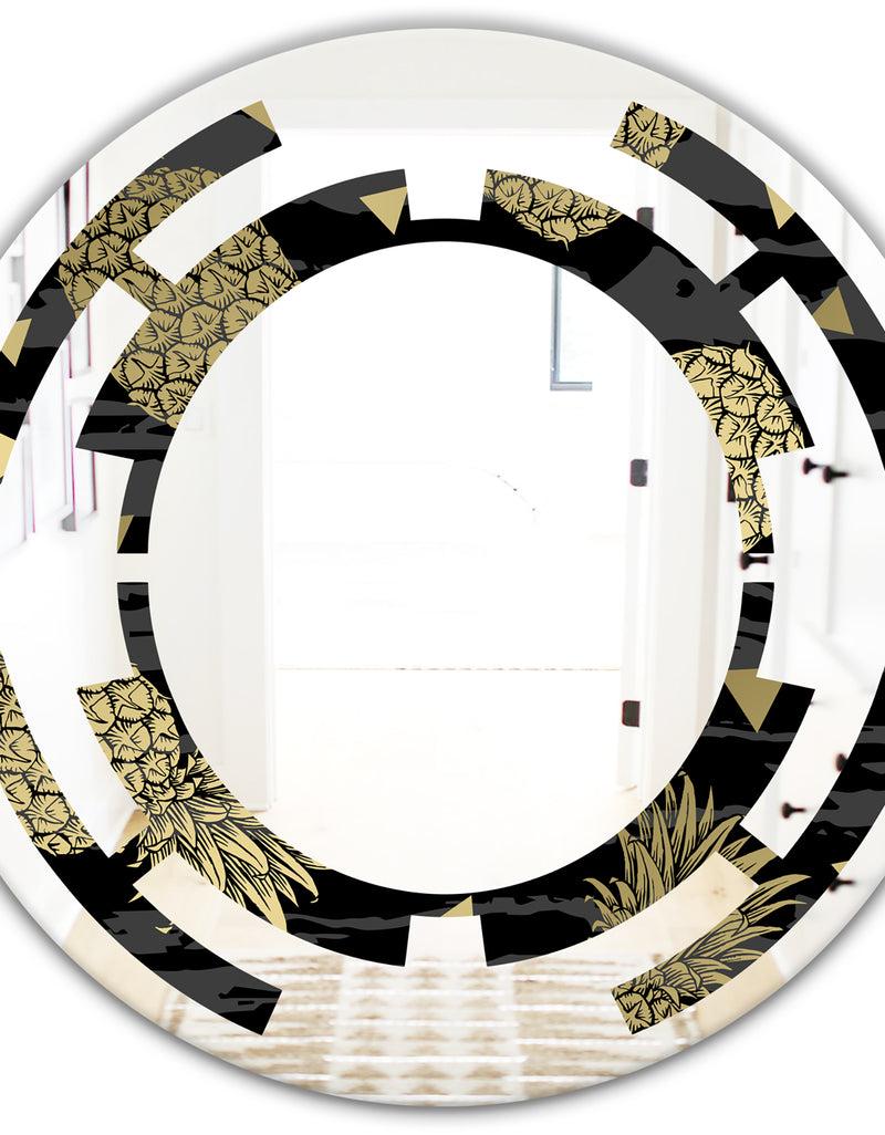 DesignQ Golden Pineapple On Black - Modern Round Or Oval Wall Mirror - Space