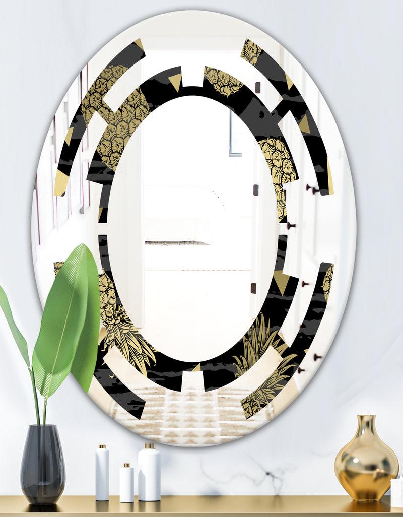 DesignQ Golden Pineapple On Black - Modern Round Or Oval Wall Mirror - Space