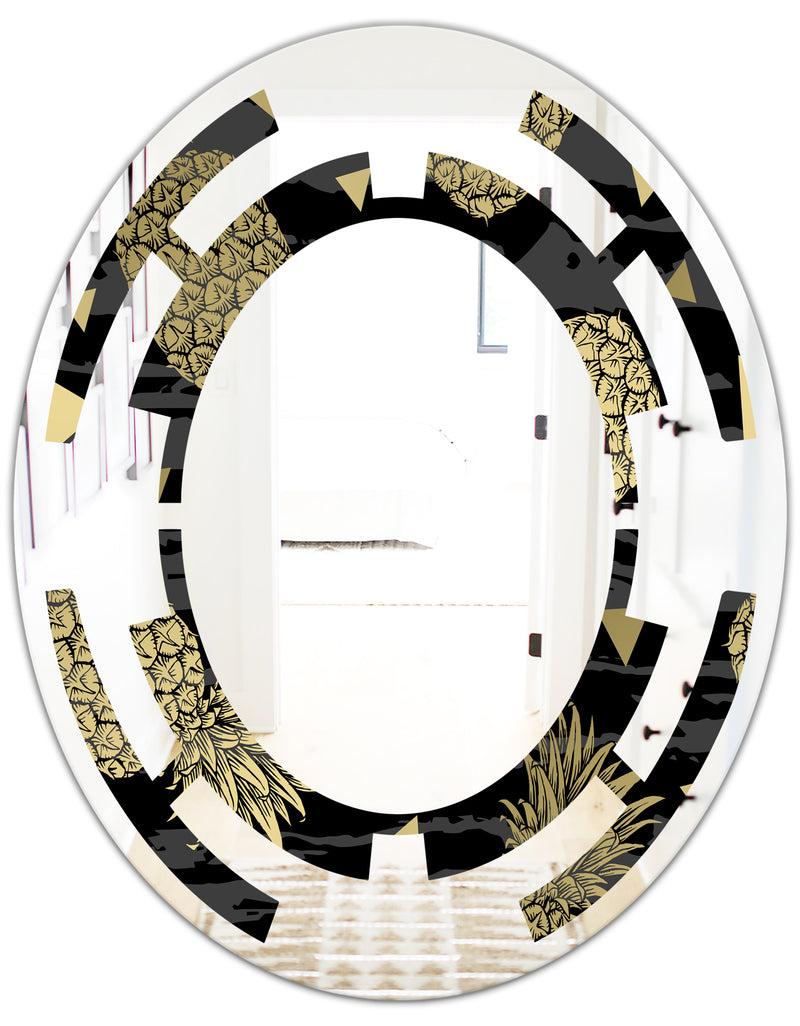 DesignQ Golden Pineapple On Black - Modern Round Or Oval Wall Mirror - Space