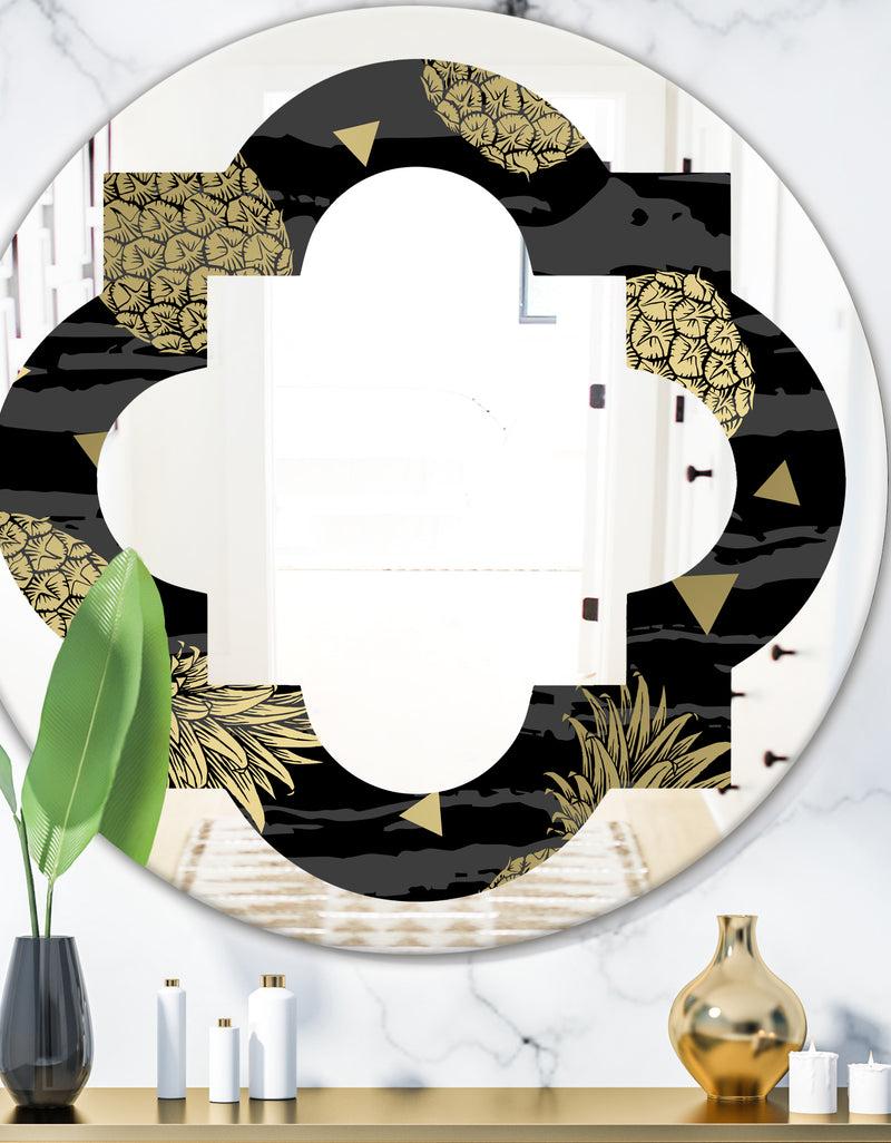 DesignQ Golden Pineapple On Black - Modern Round or Oval Wall Mirror - Quatrefoil