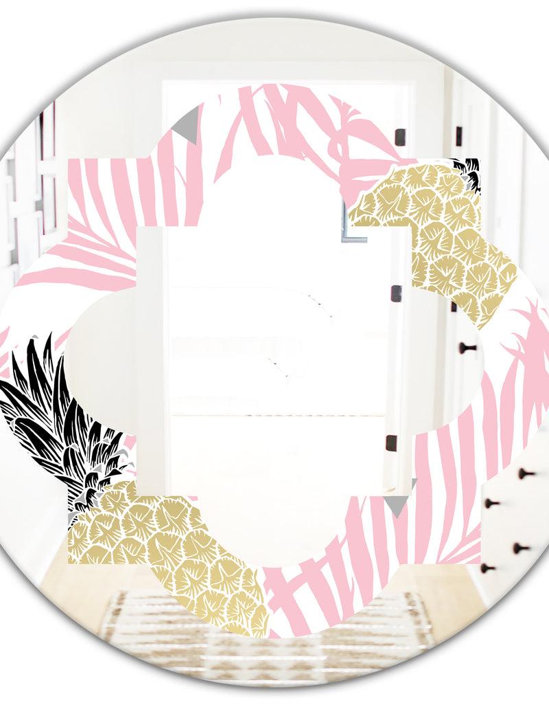 DesignQ Golden Pineapple Pink Leaves - Modern Round Or Oval Wall Mirror - Quatrefoil