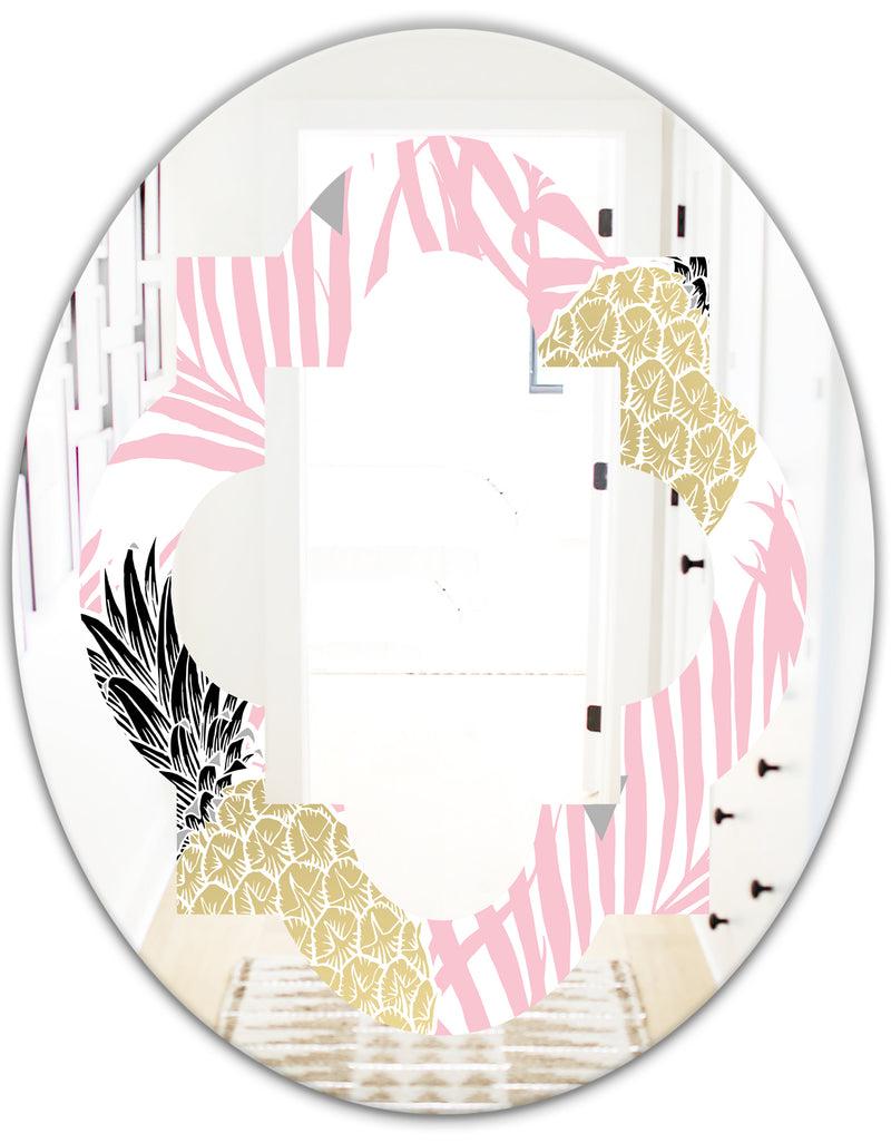 DesignQ Golden Pineapple Pink Leaves - Modern Round Or Oval Wall Mirror - Quatrefoil