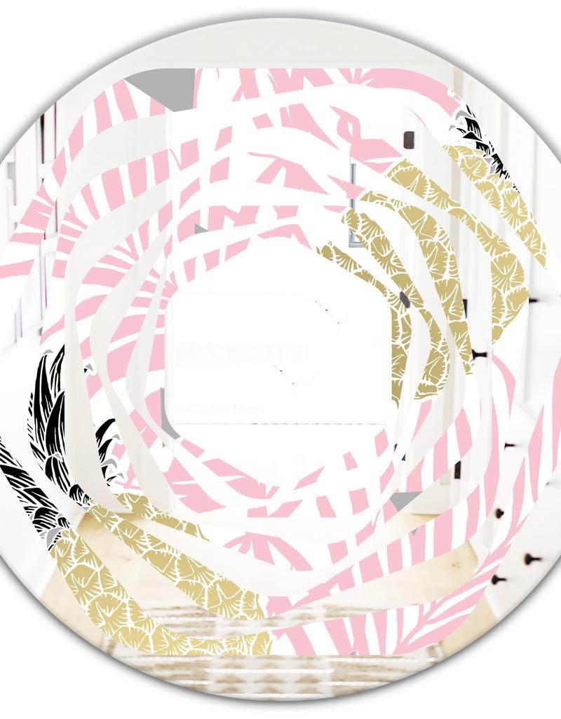 DesignQ Golden Pineapple Pink Leaves - Modern Round Or Oval Wall Mirror - Whirl