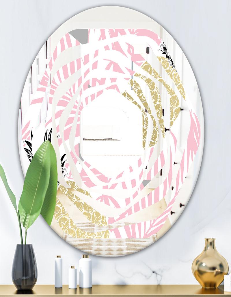 DesignQ Golden Pineapple Pink Leaves - Modern Round Or Oval Wall Mirror - Whirl