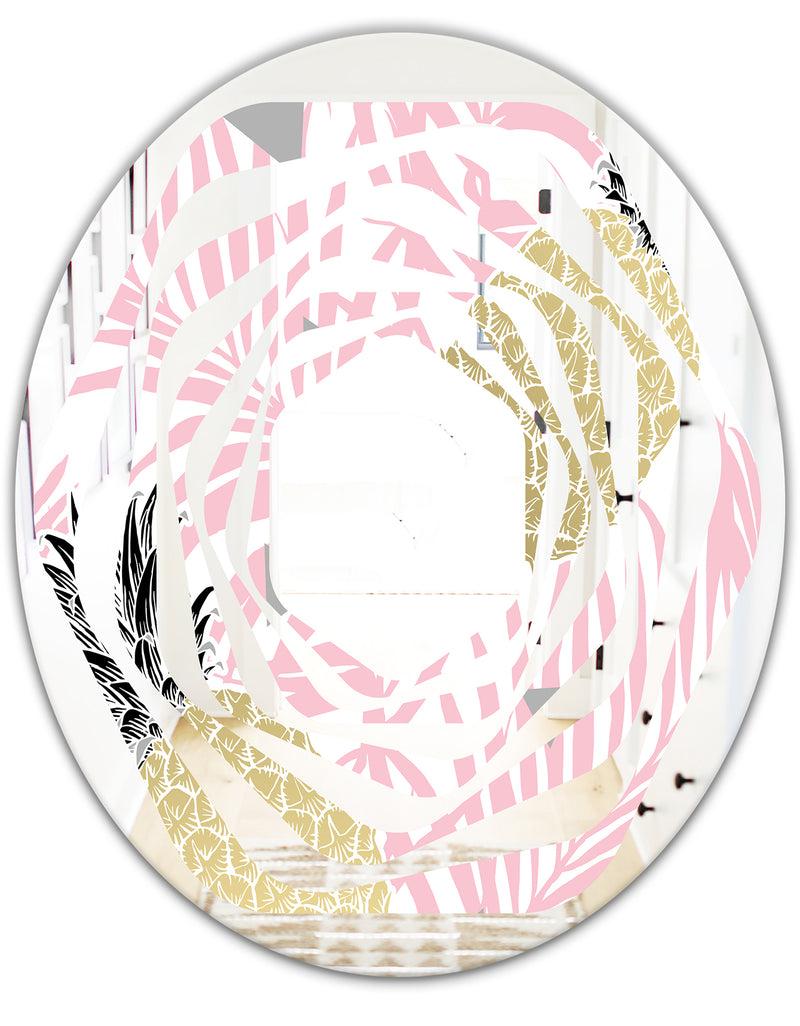 DesignQ Golden Pineapple Pink Leaves - Modern Round Or Oval Wall Mirror - Whirl