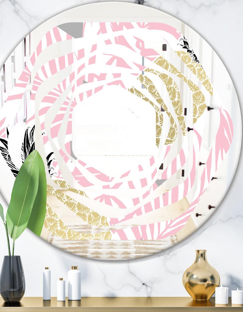 DesignQ Golden Pineapple Pink Leaves - Modern Round or Oval Wall Mirror - Whirl