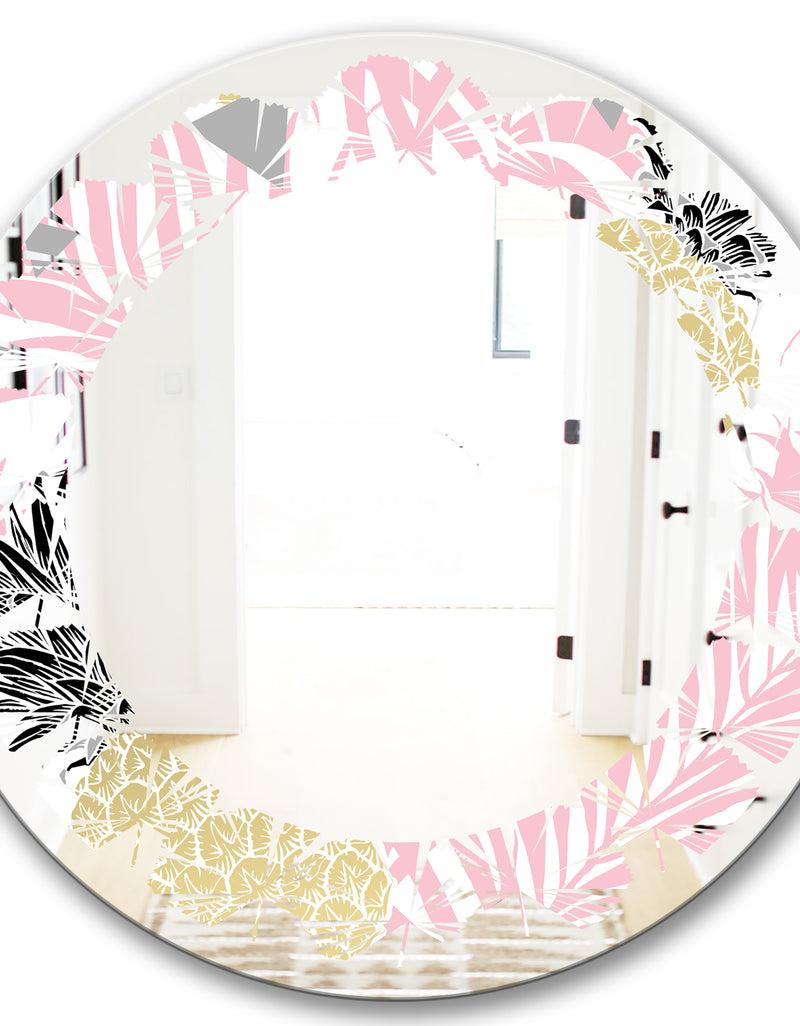 DesignQ Golden Pineapple Pink Leaves - Modern Round Or Oval Wall Mirror - Leaves