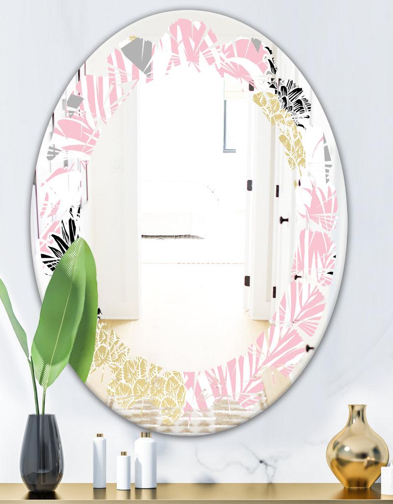 DesignQ Golden Pineapple Pink Leaves - Modern Round Or Oval Wall Mirror - Leaves