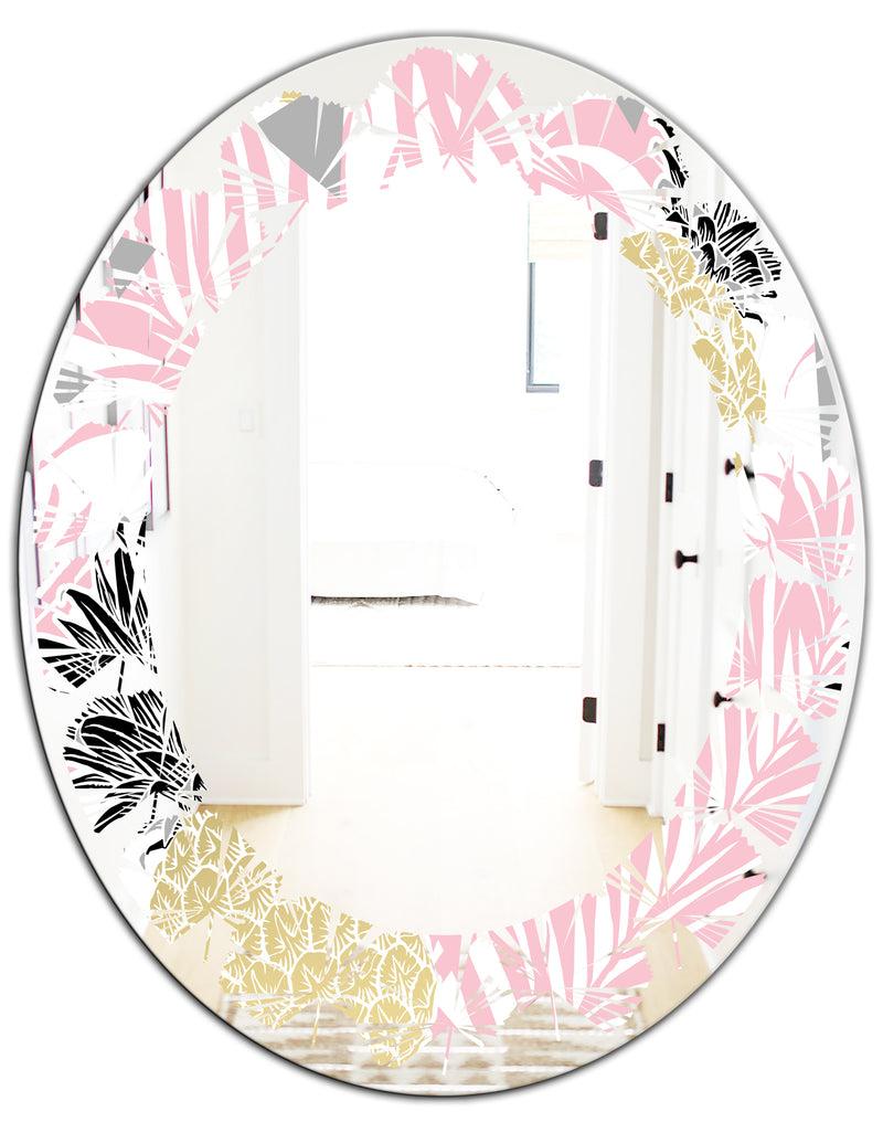 DesignQ Golden Pineapple Pink Leaves - Modern Round Or Oval Wall Mirror - Leaves