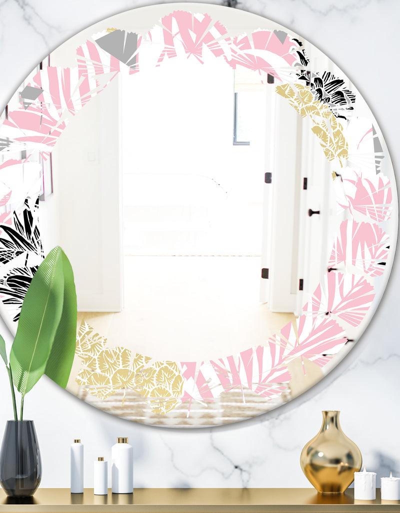 DesignQ Golden Pineapple Pink Leaves - Modern Round or Oval Wall Mirror - Leaves