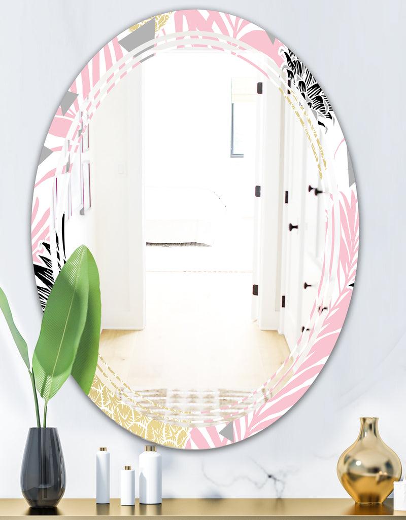 DesignQ Golden Pineapple Pink Leaves - Modern Round Or Oval Wall Mirror - Triple C