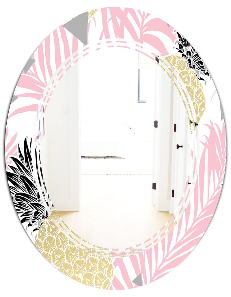 DesignQ Golden Pineapple Pink Leaves - Modern Round Or Oval Wall Mirror - Triple C