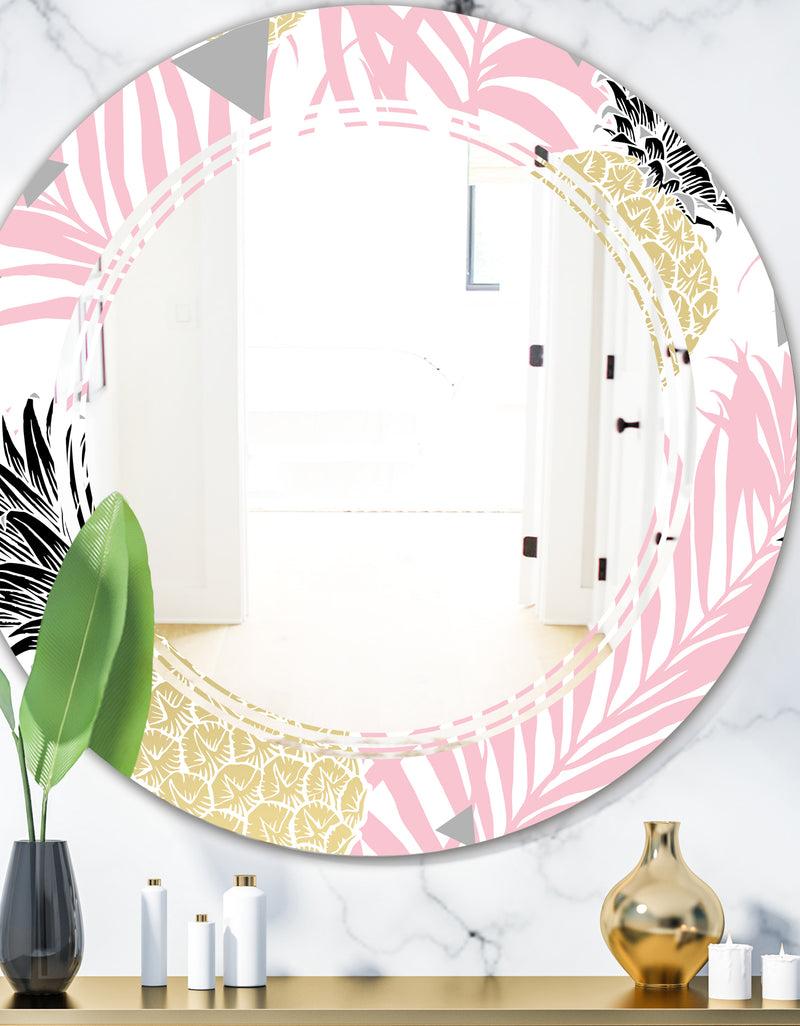 DesignQ Golden Pineapple Pink Leaves - Modern Round or Oval Wall Mirror - Triple C