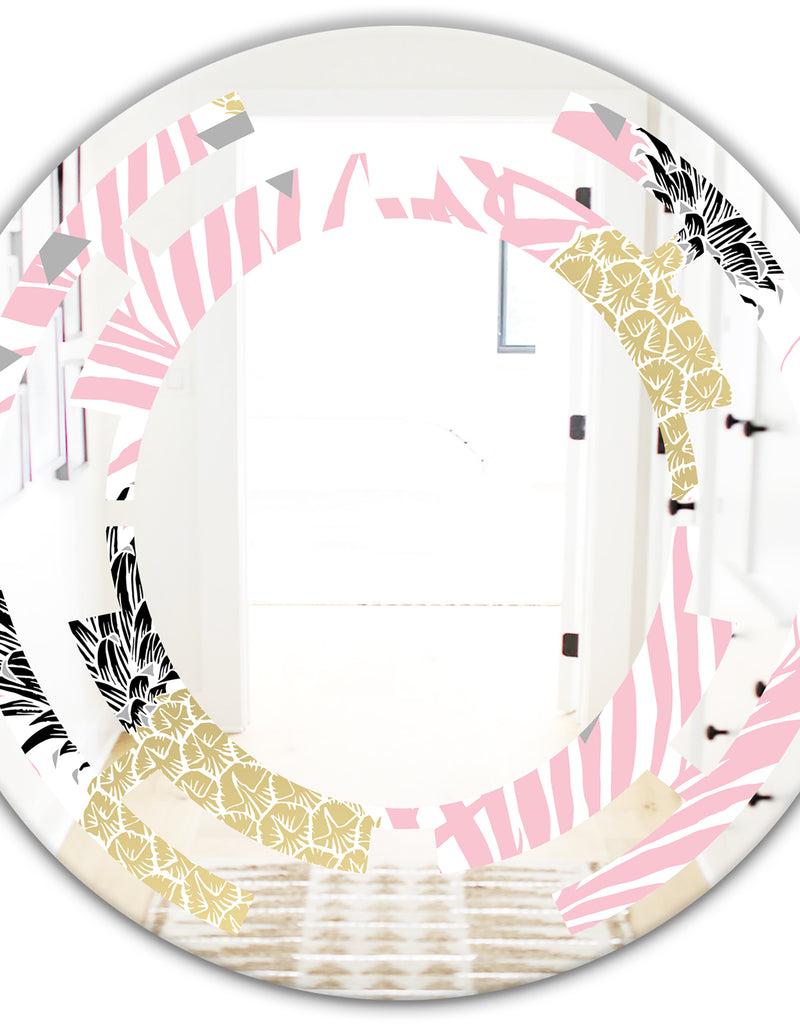 DesignQ Golden Pineapple Pink Leaves - Modern Round Or Oval Wall Mirror - Space