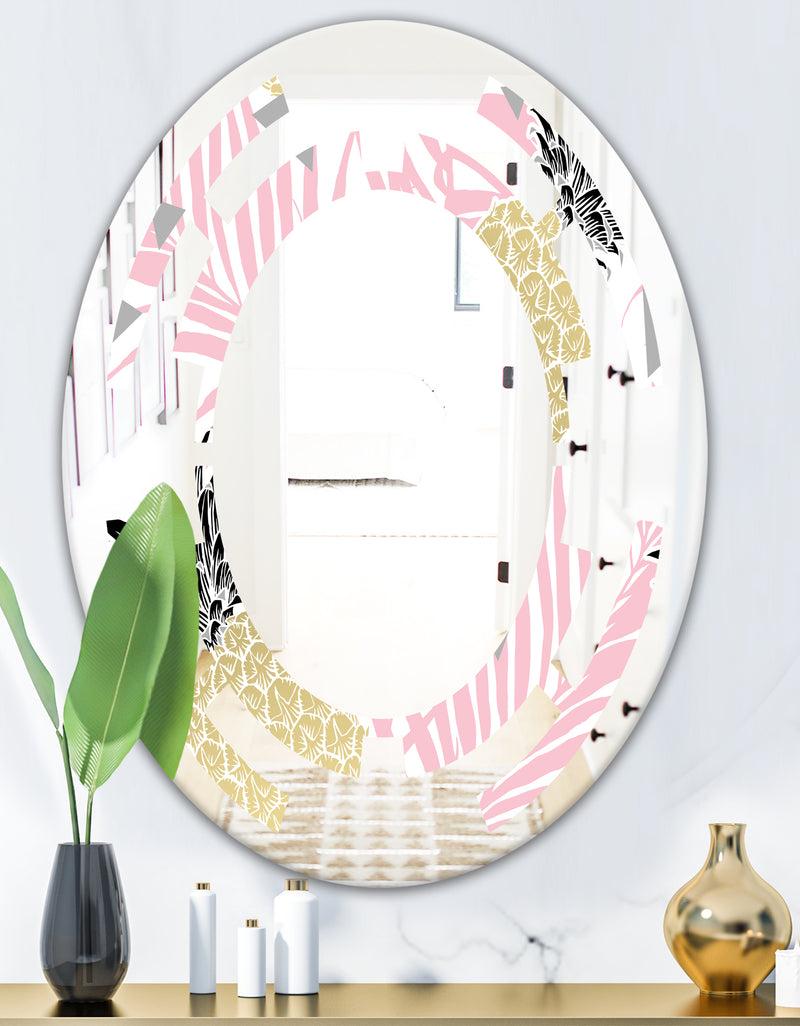 DesignQ Golden Pineapple Pink Leaves - Modern Round Or Oval Wall Mirror - Space