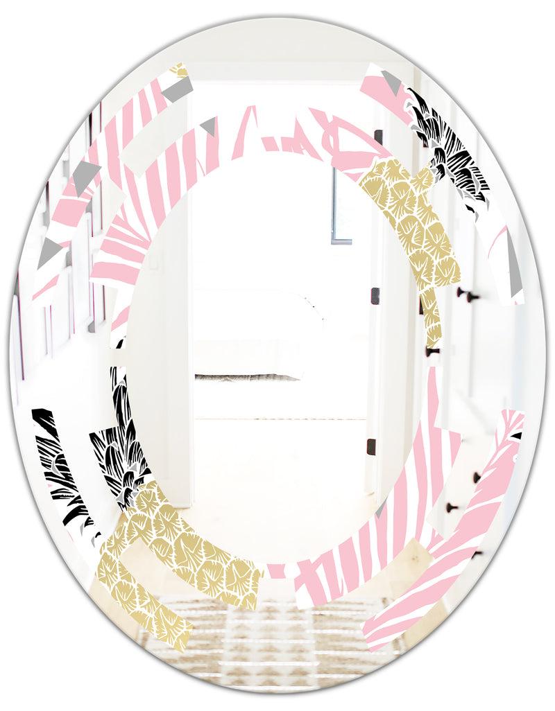 DesignQ Golden Pineapple Pink Leaves - Modern Round Or Oval Wall Mirror - Space
