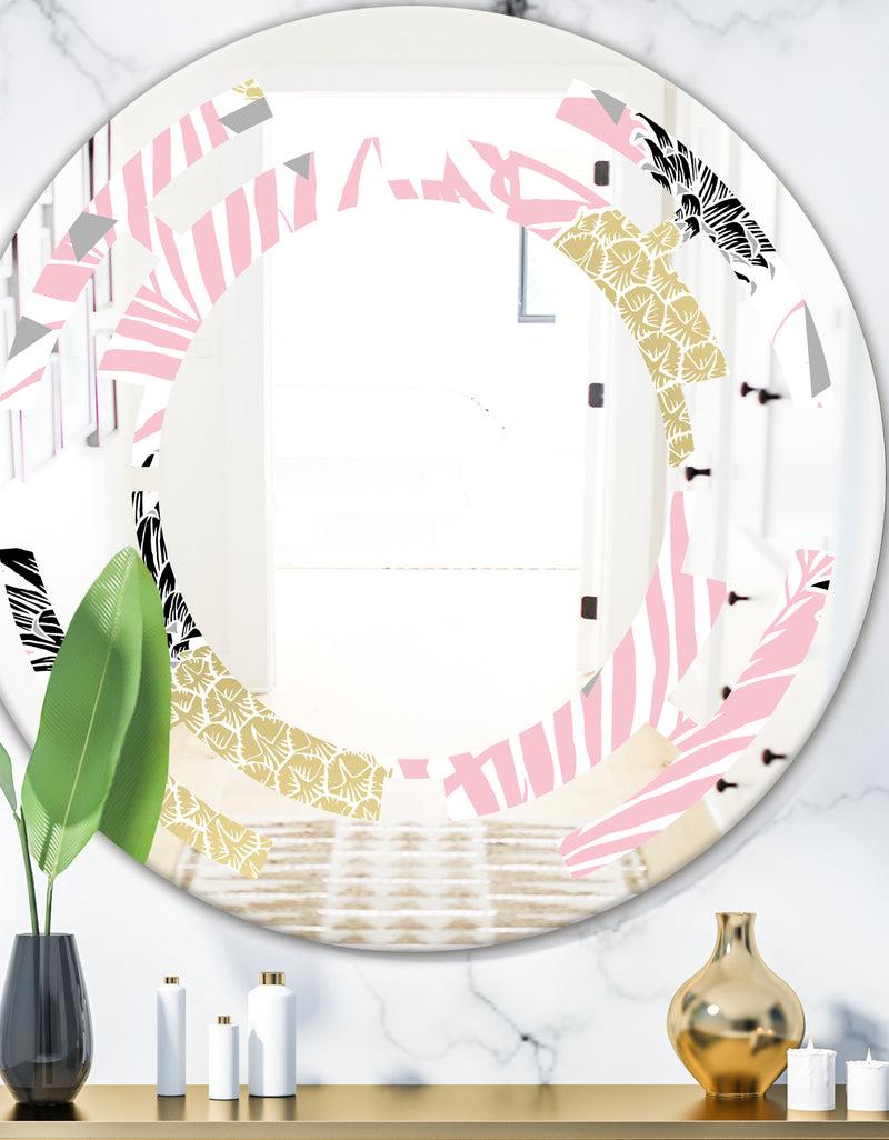 DesignQ Golden Pineapple Pink Leaves - Modern Round or Oval Wall Mirror - Space