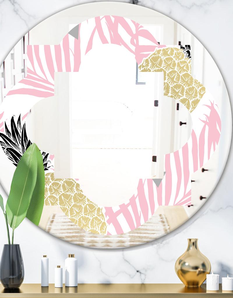 DesignQ Golden Pineapple Pink Leaves - Modern Round or Oval Wall Mirror - Quatrefoil