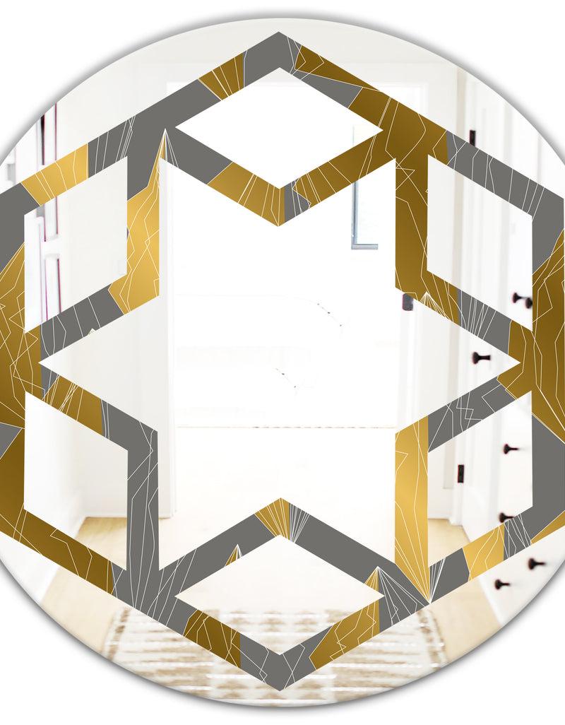 DesignQ Golden Polygon Pattern - Modern Round Or Oval Wall Mirror - Hexagon Star