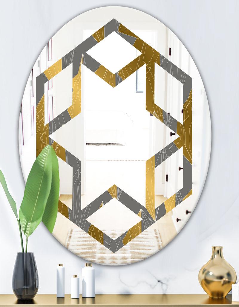 DesignQ Golden Polygon Pattern - Modern Round Or Oval Wall Mirror - Hexagon Star