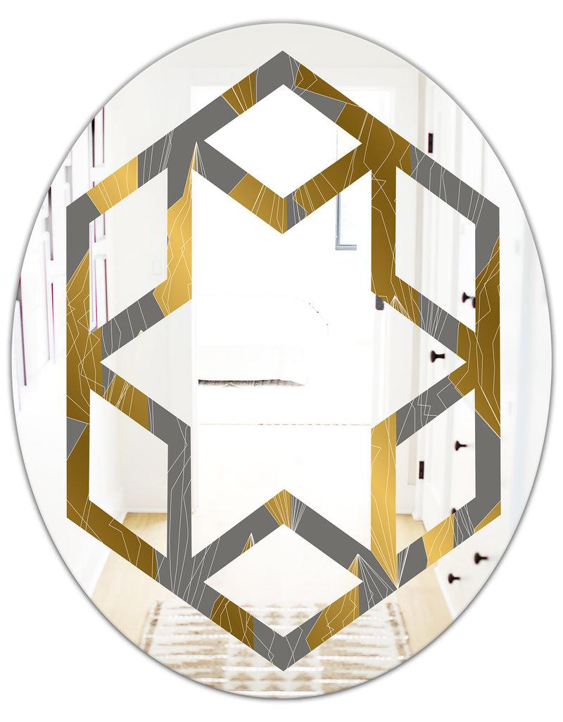 DesignQ Golden Polygon Pattern - Modern Round Or Oval Wall Mirror - Hexagon Star