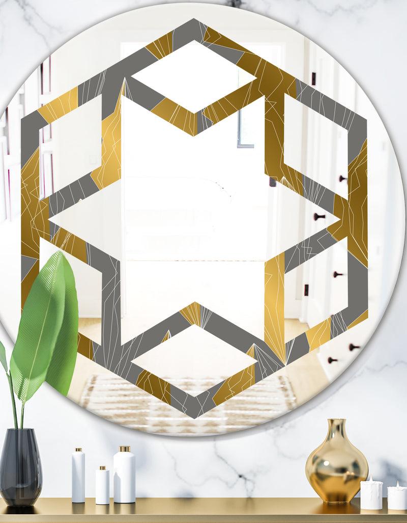 DesignQ Golden Polygon Pattern - Modern Round or Oval Wall Mirror - Hexagon Star