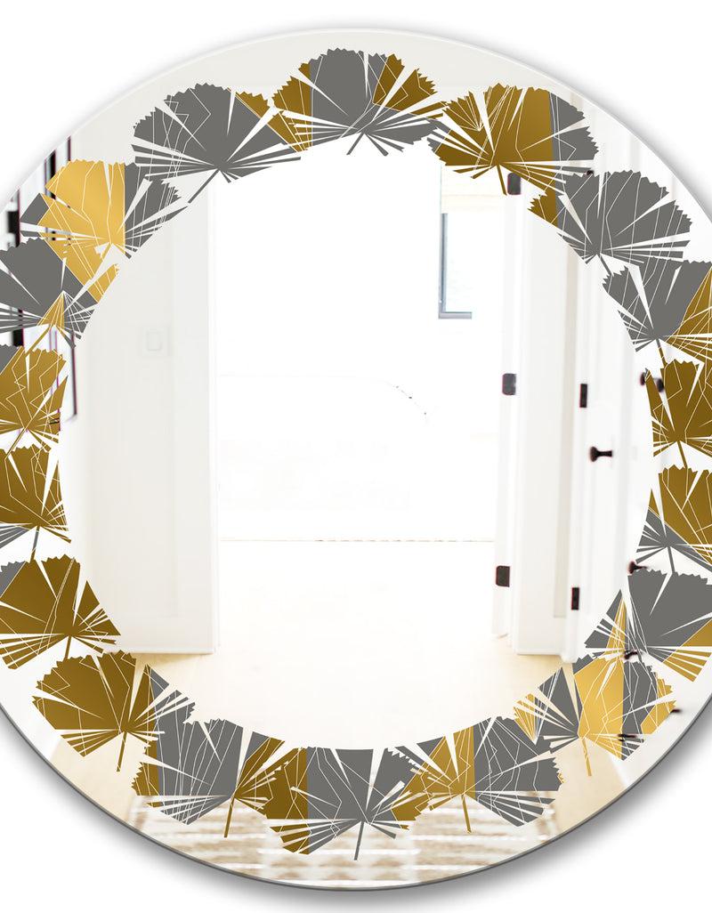 DesignQ Golden Polygon Pattern - Modern Round Or Oval Wall Mirror - Leaves