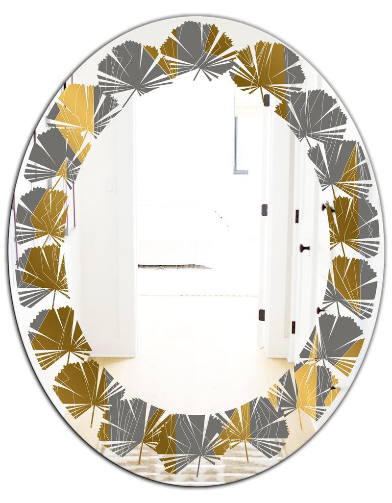 DesignQ Golden Polygon Pattern - Modern Round Or Oval Wall Mirror - Leaves
