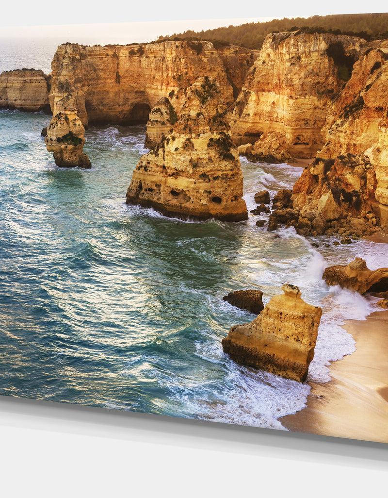 DesignQ Golden Rocks And Beach At Algarve - Extra Large Seashore Canvas Art