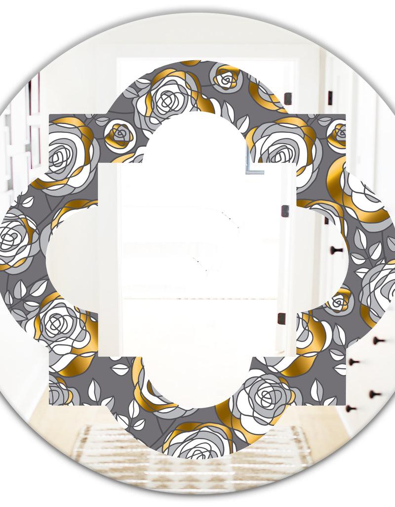 DesignQ Golden Rose Flowers - Modern Round Or Oval Wall Mirror - Quatrefoil