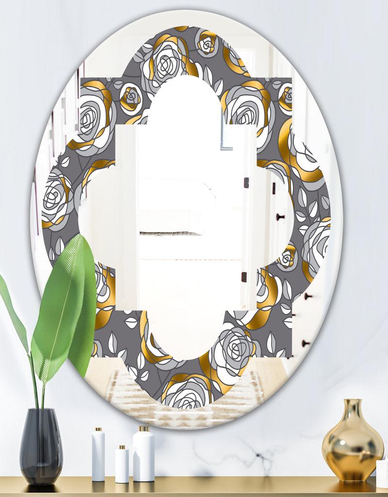 DesignQ Golden Rose Flowers - Modern Round Or Oval Wall Mirror - Quatrefoil