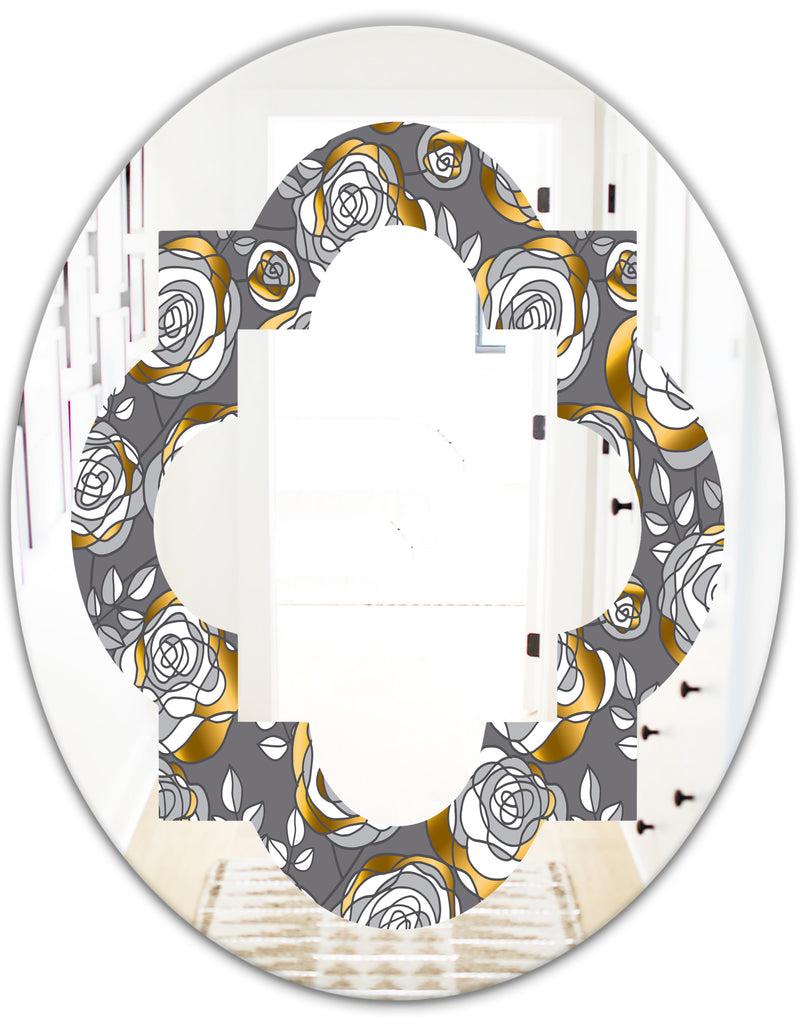 DesignQ Golden Rose Flowers - Modern Round Or Oval Wall Mirror - Quatrefoil