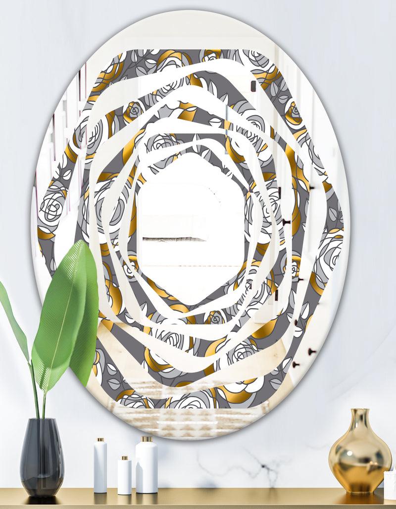 DesignQ Golden Rose Flowers - Modern Round Or Oval Wall Mirror - Whirl