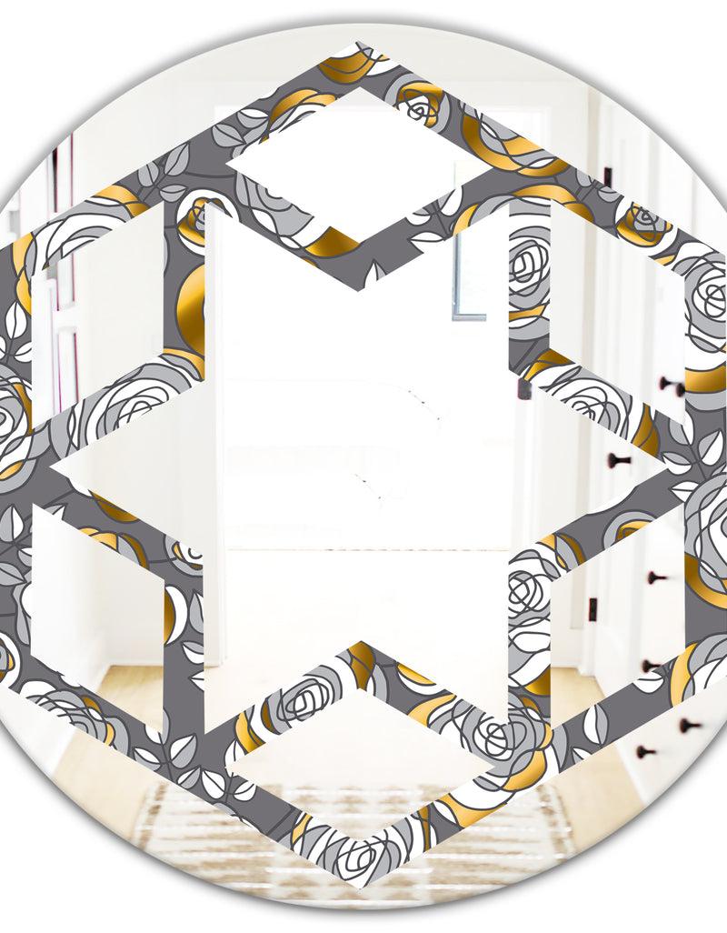 DesignQ Golden Rose Flowers - Modern Round Or Oval Wall Mirror - Hexagon Star