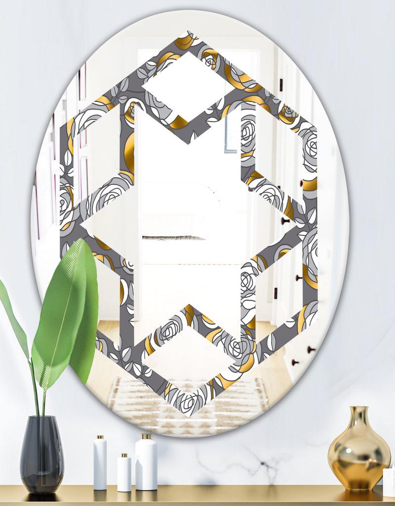 DesignQ Golden Rose Flowers - Modern Round Or Oval Wall Mirror - Hexagon Star
