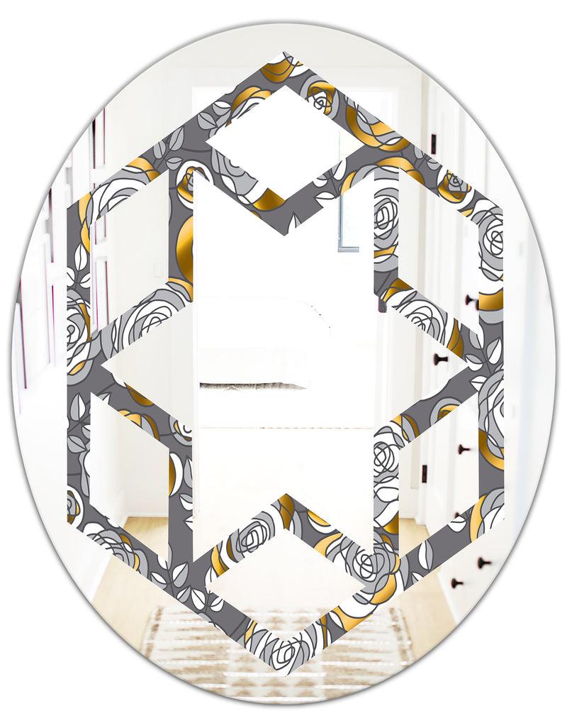 DesignQ Golden Rose Flowers - Modern Round Or Oval Wall Mirror - Hexagon Star