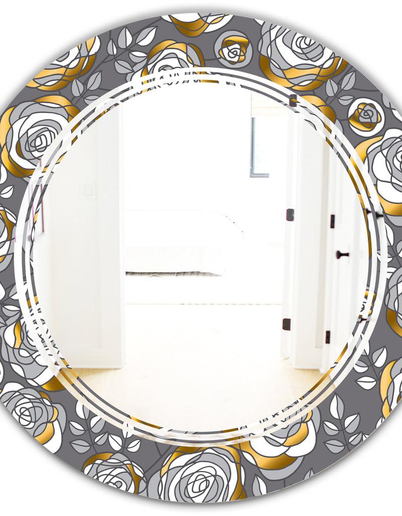 DesignQ Golden Rose Flowers - Modern Round Or Oval Wall Mirror - Triple C