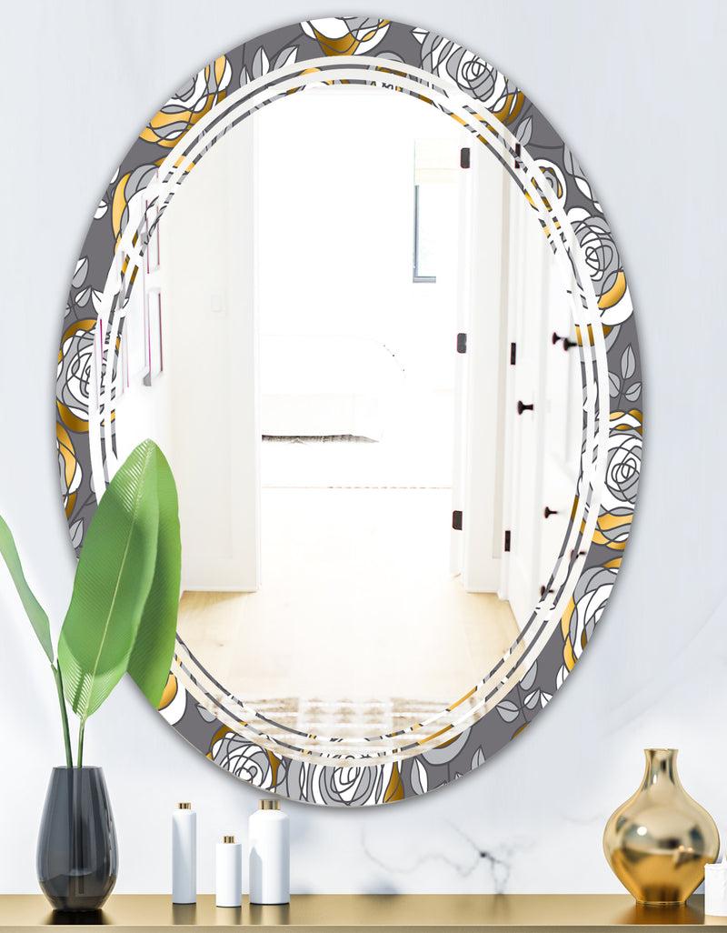 DesignQ Golden Rose Flowers - Modern Round Or Oval Wall Mirror - Triple C