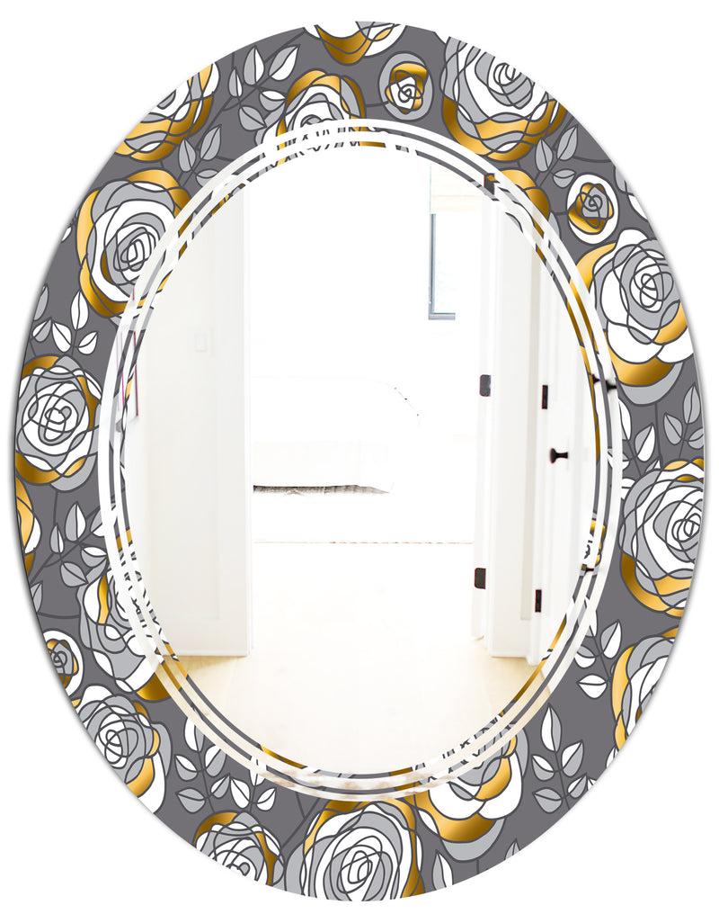 DesignQ Golden Rose Flowers - Modern Round Or Oval Wall Mirror - Triple C