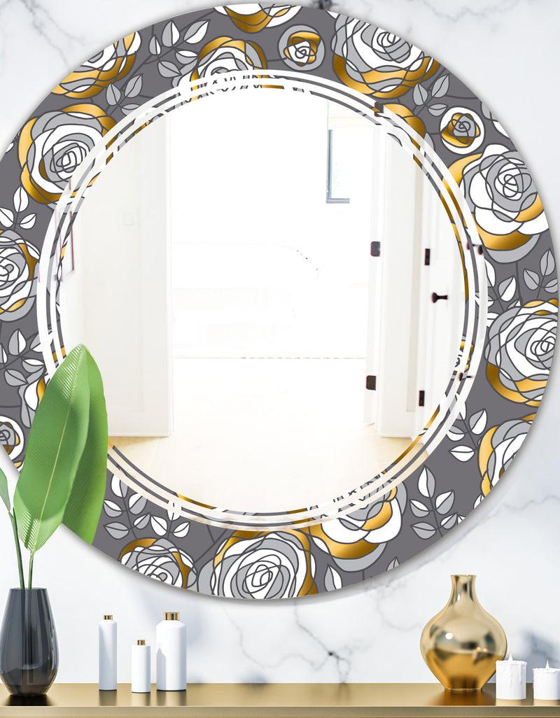 DesignQ Golden Rose Flowers - Modern Round or Oval Wall Mirror - Triple C